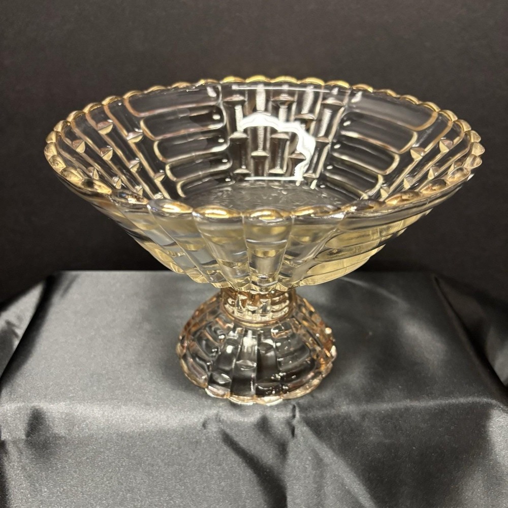 Vtg 1950s Jeannette Glass Louisa Clear Footed Fruit Bowl Compote Gold Trim MCM‎